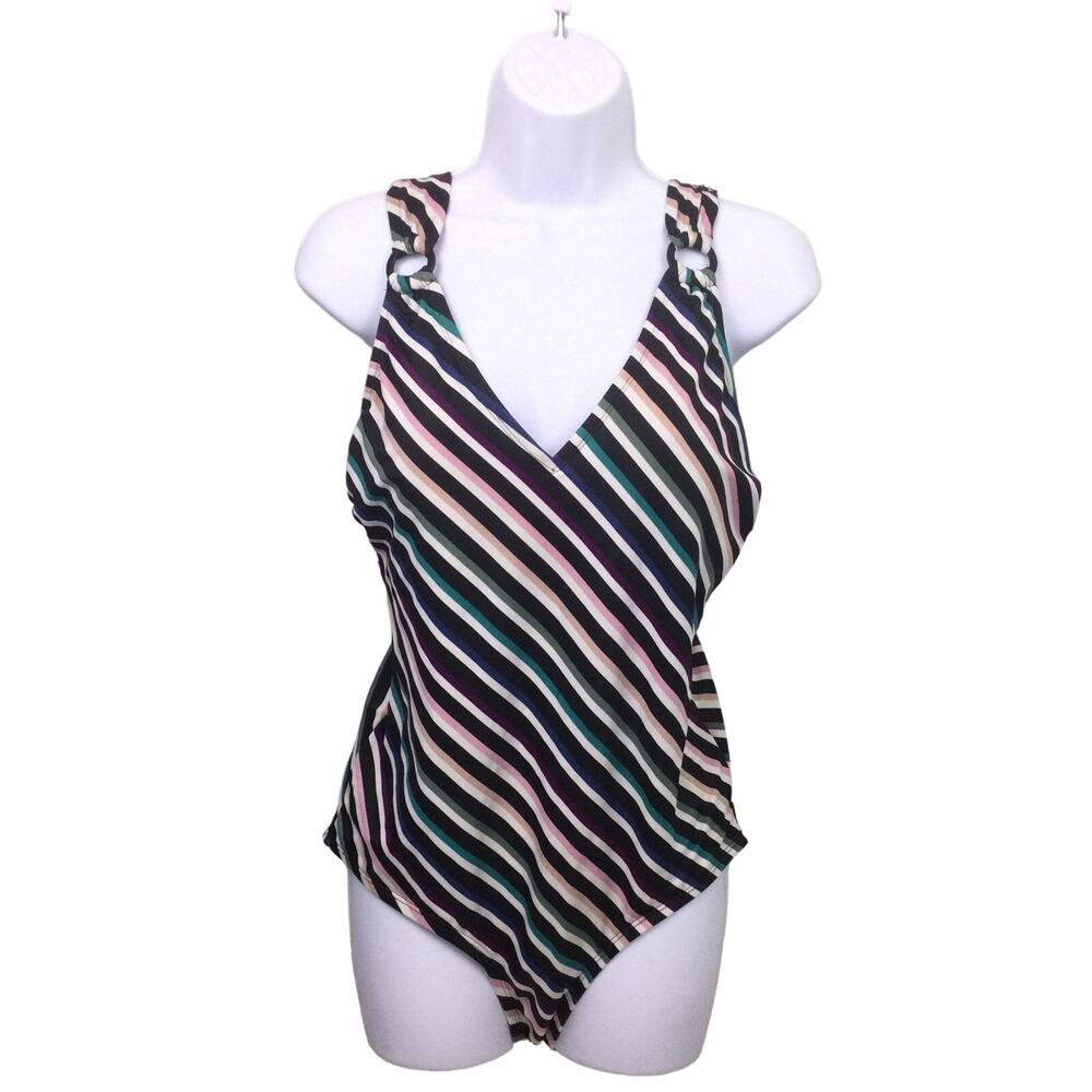 Kona Sol Retro Striped Coastal Classic V-neck Open Tie Back Women's Swimwear L